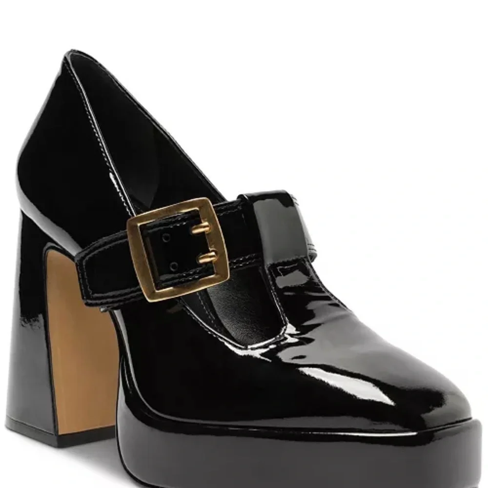 Vince Camuto Black Patent Mary Jane Platform Heel with Gold Buckle